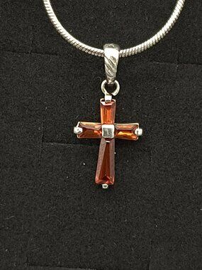 Vintage 925 Sterling Silver Cognac Glass Cross Pendant Necklace